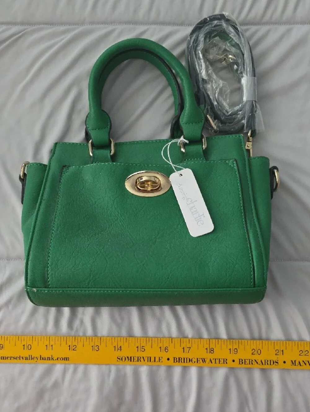 Green Structured Top-Handle Satchel with Gold Turn-Lock